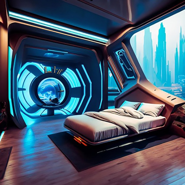Голографический умный современный высокотехнологичный sci-fi киберпанк футуристический интерьер спальни 3D декорация дома