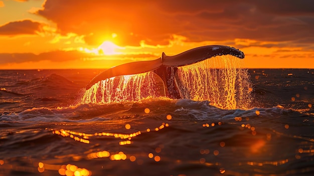 Хмурого кита с водяным спреем на закате Generative Ai