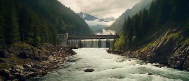 Плотина гидроэлектростанции на реке и темный лес в красивых горах