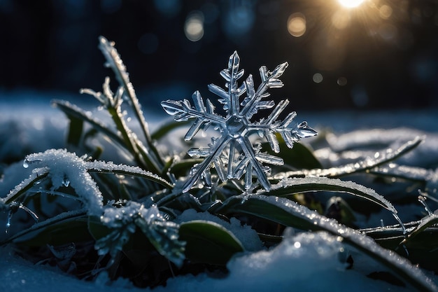Фото Кристаллы льда снег падает на замерзшую землю и растения в холодную зимнюю ночь
