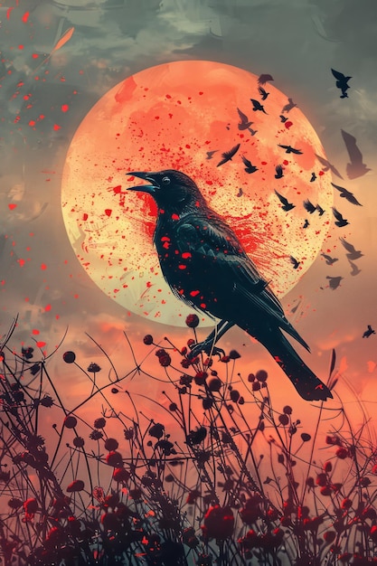 Photo illustration of a bird singing notes of milk and blood with the melody creating patterns in the sky
