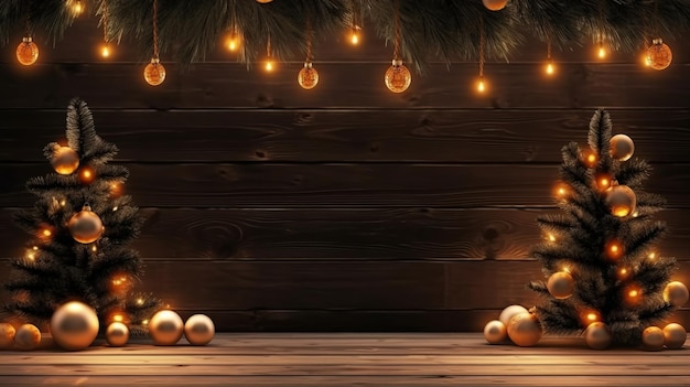 Photo illustration of a festive christmas tree with decorations on a wooden table