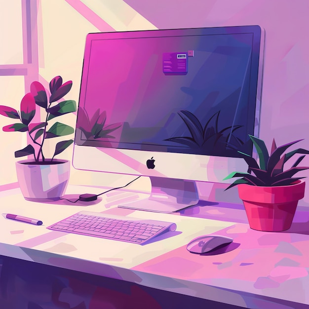 Фото Иллюстрация компьютера на столе с растением в горшке