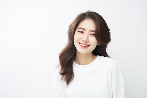 사진 흰 셔츠를 입고 회색 배경에 있는 한국 여자 대학생의 그림