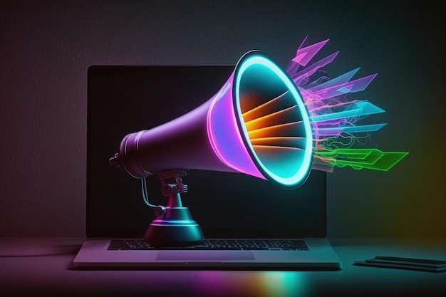 Фото Иллюстрация мегафона на темном фоне экрана ноутбука с красочными неоновыми огнями generative ai
