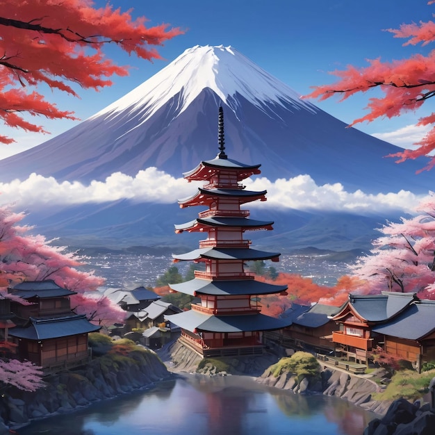 Фото Вдохновляющий вид на гору фудзи с яркой деревней на переднем плане