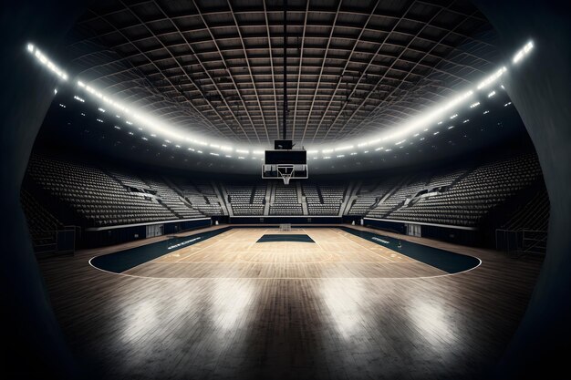 Фото Внутренний вид освещенного баскетбольного стадиона для игры искусство, созданное нейронной сетью