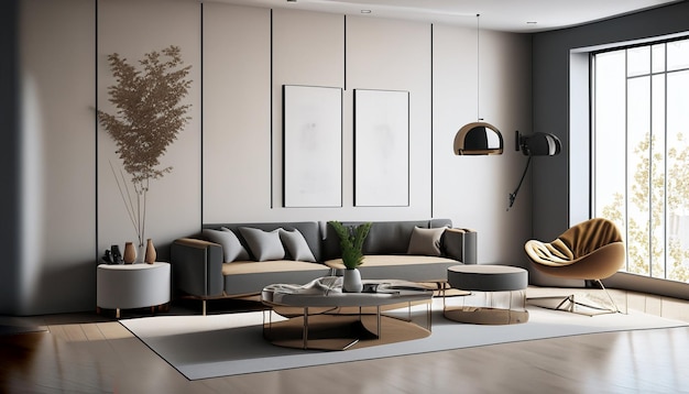Фото Дизайн интерьера современной квартиры с большим деревянным уютным диваном и стропильным потолком 3d рендеринг