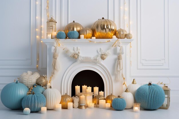 Фото Интерьер белой комнаты с камином, свечами и декоративными тыквами осенний декор дома