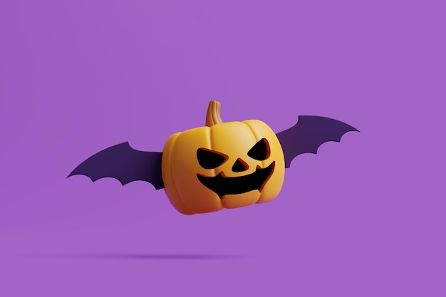 Тыква Джека о Фонаря с крыльями, летящими на фиолетовом фоне Концепция счастливого Хэллоуина 3D рендеринг