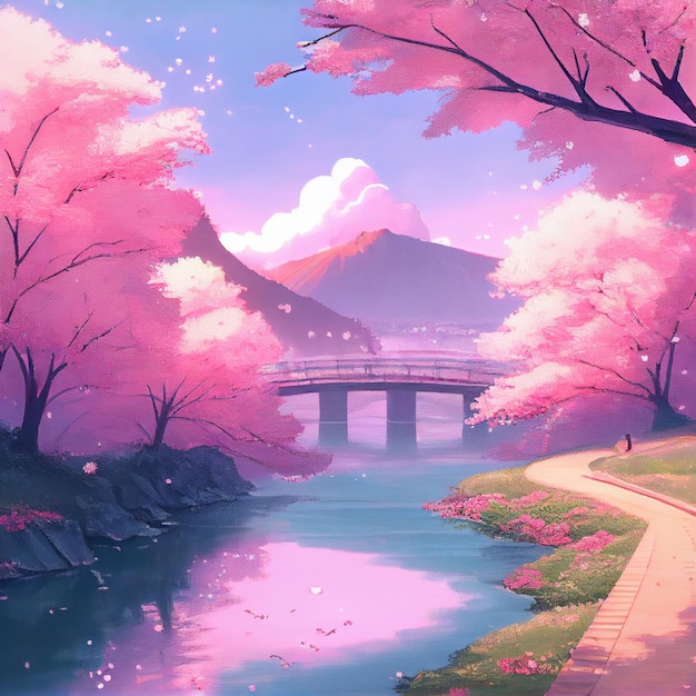Фото Японские вишневые деревья и пейзаж озера аниме манга иллюстрация
