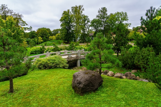 Фото Японский сад с каменным мостом и пышными растениями.