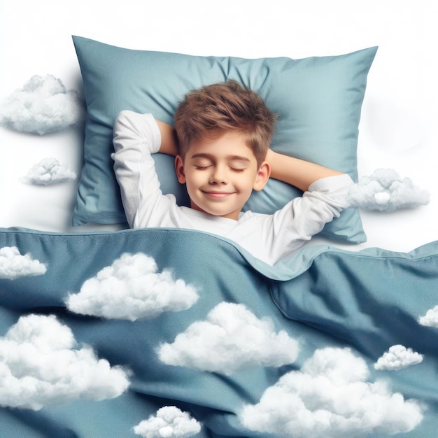 kid lying in bed sleeping like in seventh heaven with clouds comfortable and calm