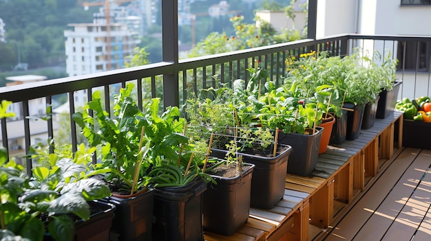Kleine stedelijke tuin op een zonnig balkon Er zijn verschillende planten in zwarte potten en houten planken De reling is van metaal