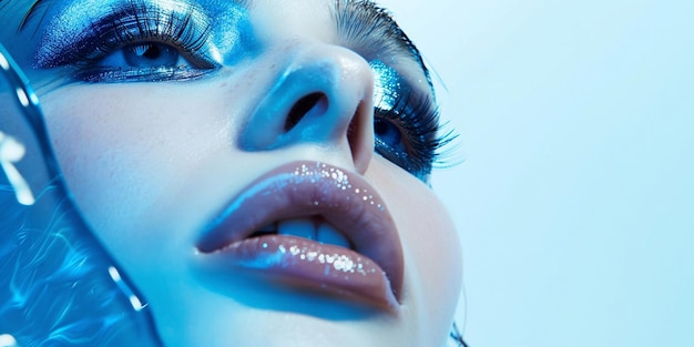 Креативный портрет красивой женщины-модели с голубыми тенями и голубой жидкостьюMacroAI Generative