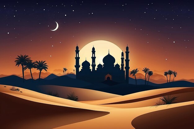 Ландшафтная иллюстрация Рамадана с силуэтом пустыни и мечети