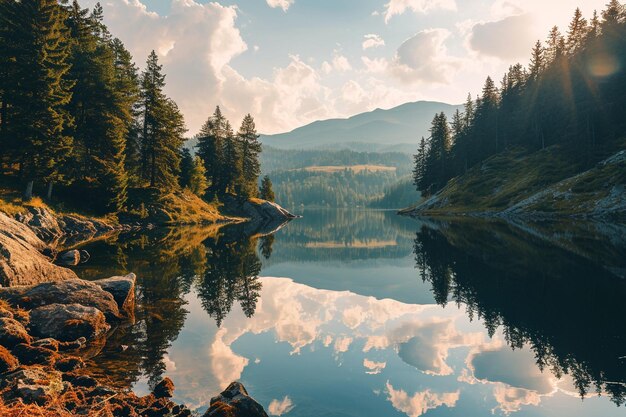 Фото Пейзаж с лесным озером и его отражением на поверхности воды