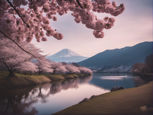 Озеро с вишневыми цветами перед горой.