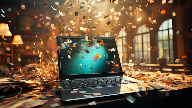 Photo laptop computer with flying confetti in office