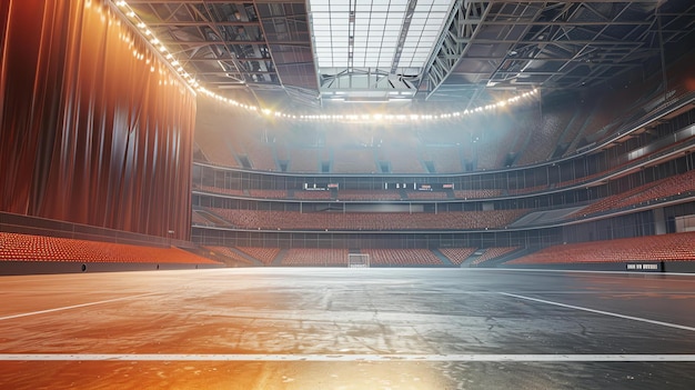 Большой пустой стадион с оранжевыми сиденьями и прожекторами