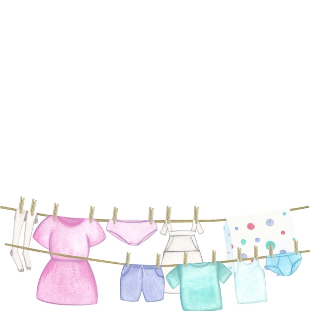 Photo laundry border clothes dress apron stockings tshirt shorts underpants watercolor illustration
