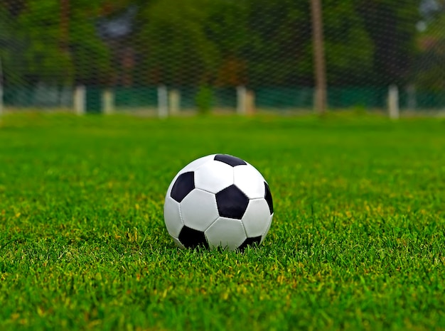 Кожаный футбольный мяч на футбольном стадионе