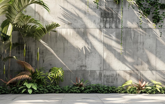 Leeg buiten betonnen muur met tropische stijl tuin 3d render decoreren met tropische stijle boom