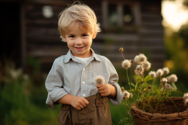 Фото Маленький блондин с одуванчиками в саду на деревенском фоне