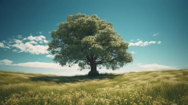 Фото Одинокое зеленое дерево в поле генеративный ай