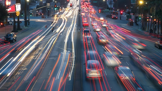 Foto una foto a lunga esposizione di un incrocio trafficato di notte le strisce di luce delle auto creano un'immagine colorata e astratta
