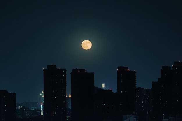 Фото Низкоугольный вид освещенных зданий на фоне ночного неба