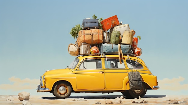 Фото Багаж на крыше старой оранжевой машины отпуск и путешествие огромная куча вещей на праздник
