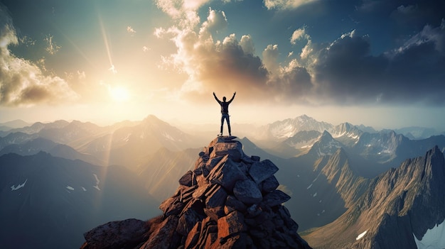 Фото Человек, стоящий на вершине горы с поднятыми над облаками руками.