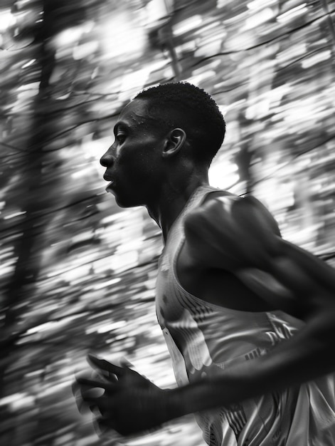 A man running in the woods with his arms outstretched The image is in black and white and has a sense of motion and energy