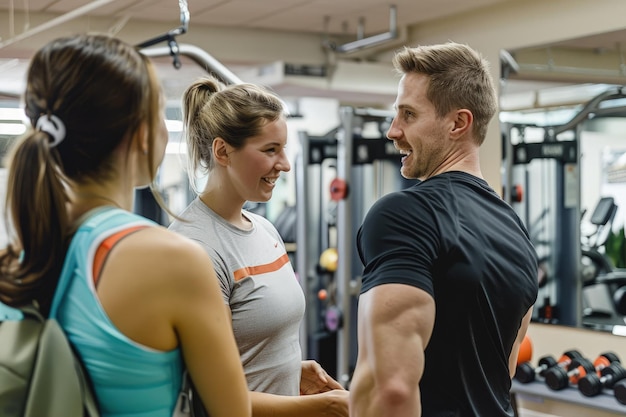 Photo a man and a woman talking in a gym