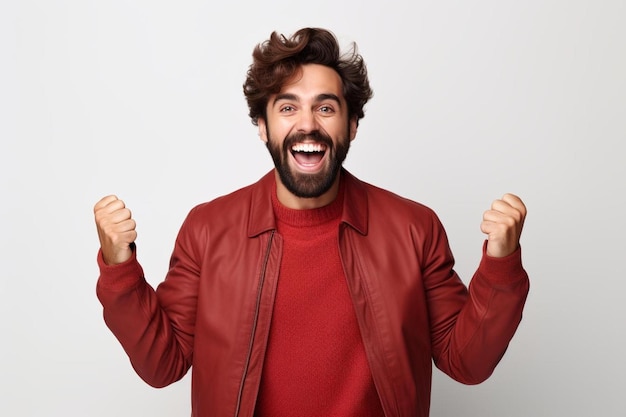 Photo a man with a beard wearing a red leather jacket with both hands up