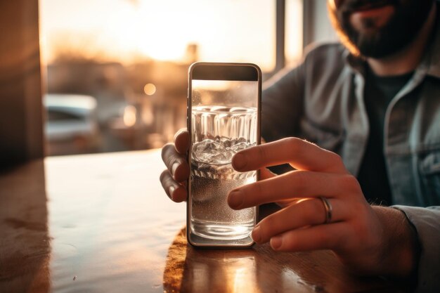Человек фотографирует стакан с водой