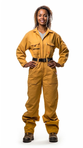 Foto un uomo in uniforme giallo con le mani sui fianchi