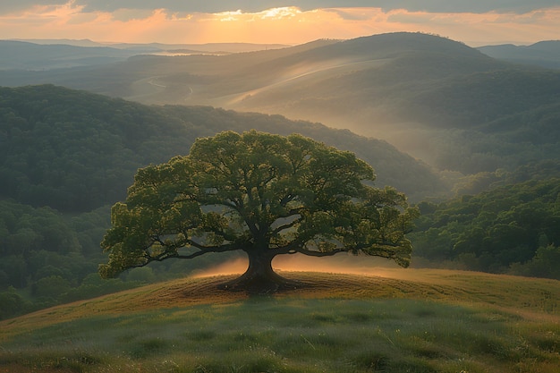Фото Величественный дуб на холмах на закате живописный ландшафт для фотографии природы плакаты и настенные рисунки