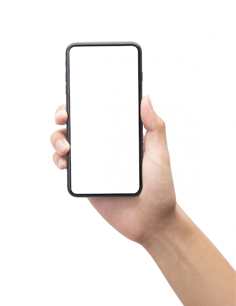 Мужской рукой, придерживая черный смартфон с пустой экран, изолированные