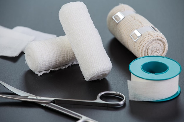Photo medical bandages with scissors and sticking plaster