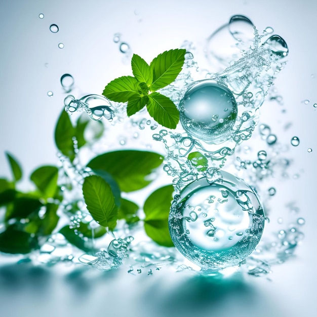Фото Лекарственные растения и пузырьки и брызги воды на белом фоне генеративная иллюстрация