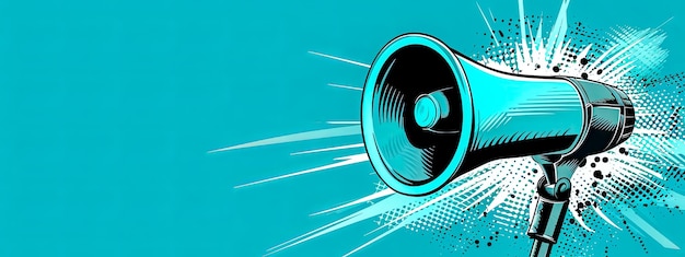 Photo megaphone with sound waves emanating from it set against a contrasting teal background capturing
