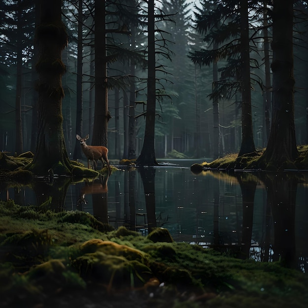 Photo minimal cinematic a deer among the trees forest lake
