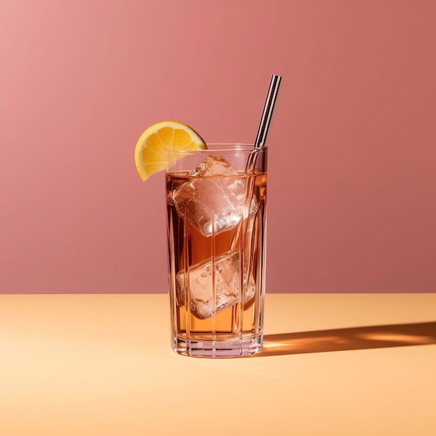 Минималистский стакан для напитков с кубиками льда и фотографией лимонада