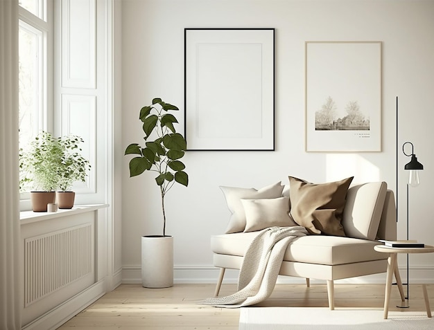 Фото Минималистский скандинавский дизайн интерьера гостиной с макетом небольшого пустого плаката