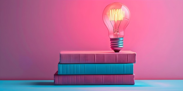 Фото Минималистический дизайн с розовой стопкой книг и макет светящейся лампочкой концепция минималистичный дизайн розовая стопка книг с макеткой свечающей лампочки стильная презентация