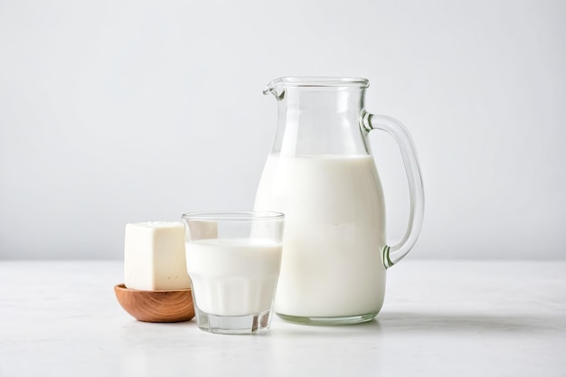 Фото Молоко в стакане и кувшин на белом фоне