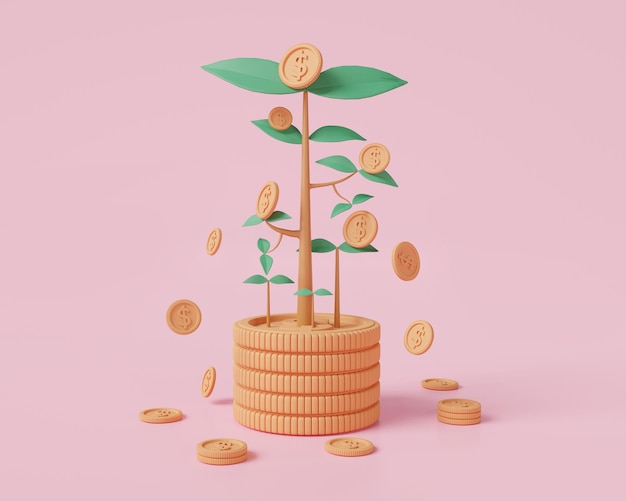 Фото Растение денежного дерева с монетой, падающей на розовый фон, финансовый бизнес, растущее хранилище, деньги, бизнес, деньги, инвестиции, экономический рост