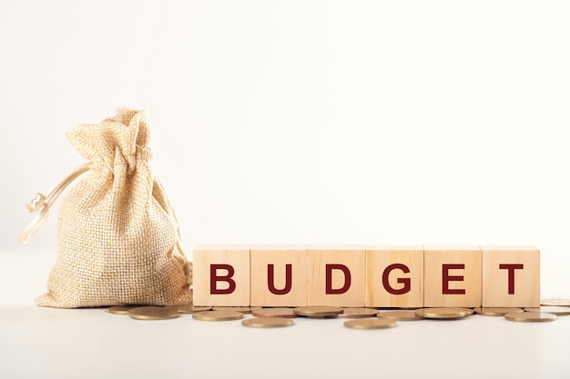 Foto concetto di bilancio annuale dei soldi. sacchetto dei soldi e blocco cubo di legno con la parola budget sulle monete.